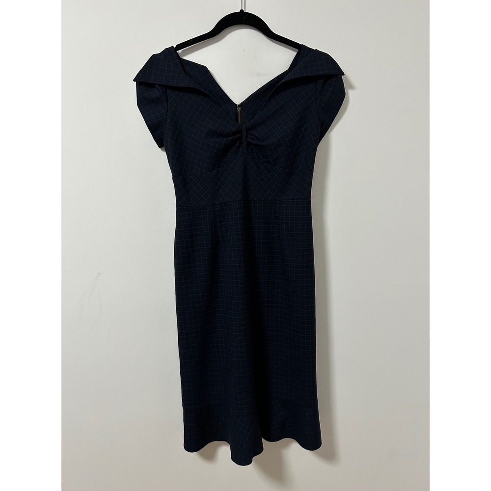 Maeve Pinnup Rockabilly Navy Blue Plaid Collared Bow Front Midi Dress Size 2